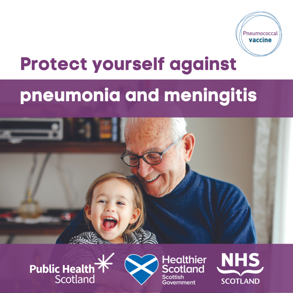 Picture with older man and young child smiling and text saying: Protect yourself against pneumonia and meningitis