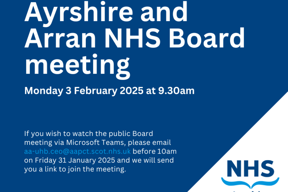 Our next board meeting is on Monday 3 February 2025 from 9.30am on Microsoft Teams. If you wish to observe the public Board meeting, please email aa-uhb.ceo@aapct.scot.nhs.uk before 10am on Friday 31 January and a link will be sent to you.