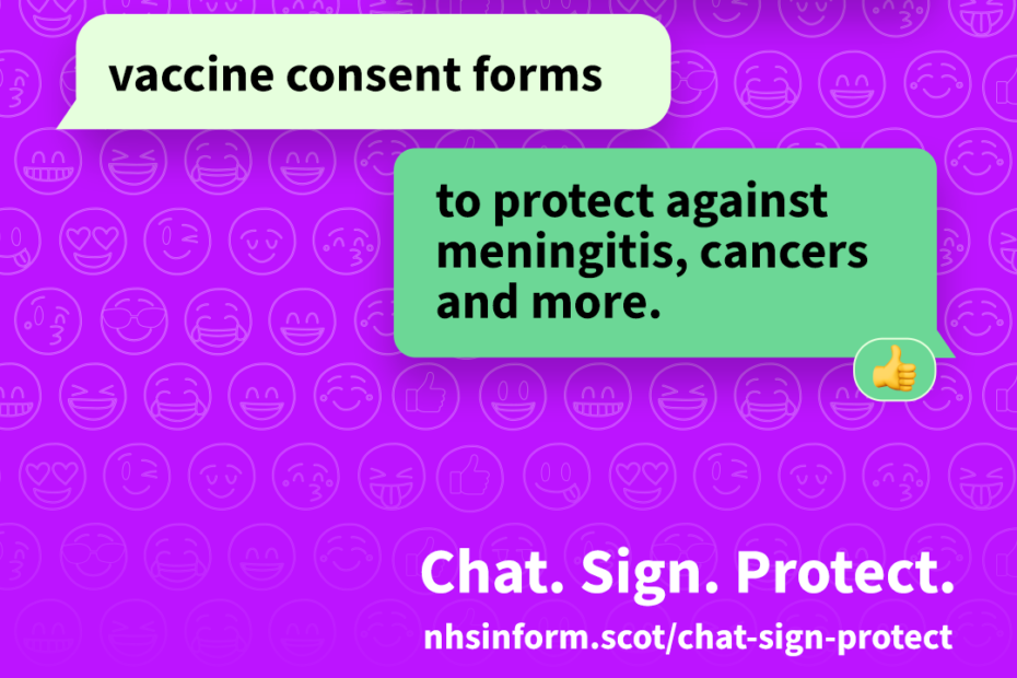 Purple background with text message conversation between parent and child about consent forms for vaccinations.