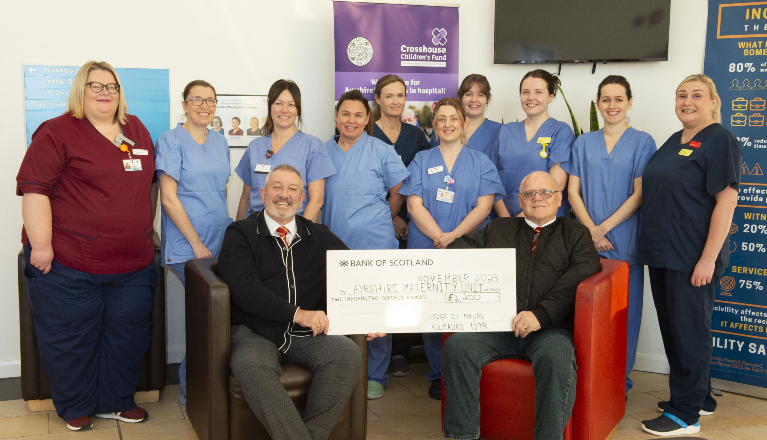 Ayrshire Maternity Unit Labour staff and representatives from Kilmaurs Masonic Lodge presenting cheque for £2,200