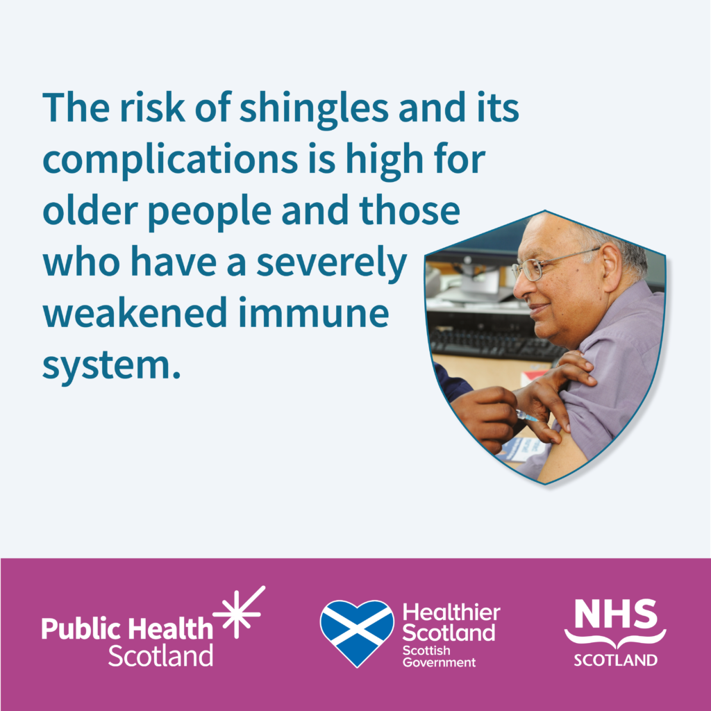 Picture in shield shaped frame of older man receiving vaccination in arm with text: The risk of shingles and its complications is high for older people and those who have a severely weakened immune system.