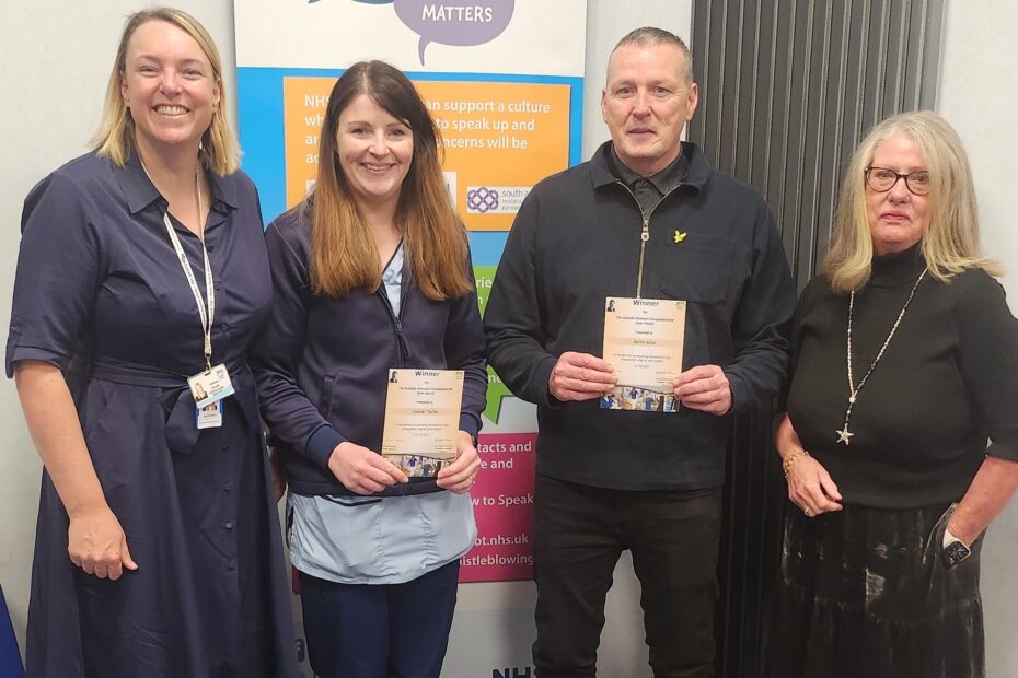 (from left) Jennifer Wilson, NHS Ayrshire & Arran Nursing Director, Louise Taylor (winner), Keith Allan (winner) and Jacqueline Thomson (daughter of the late Isabella Kimmett).