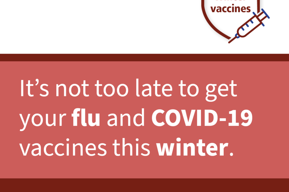 winter vaccines - shield graphic with syringe and text saying it is not too later to get flu and COVID-19 vaccines this winter