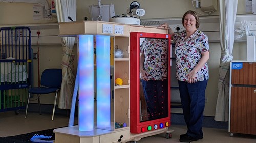  Crosshouse Play Specialist Michelle Dodds with the Mobile Sensory Unit funded by Kyle Fisher and family